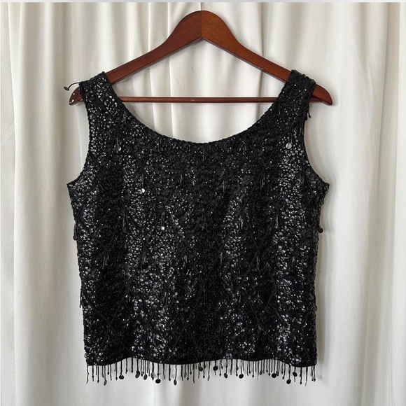 imperial imports Tops - Vintage 1960s Black sequin tank top with beaded fringe glam 100% Wool Medium.